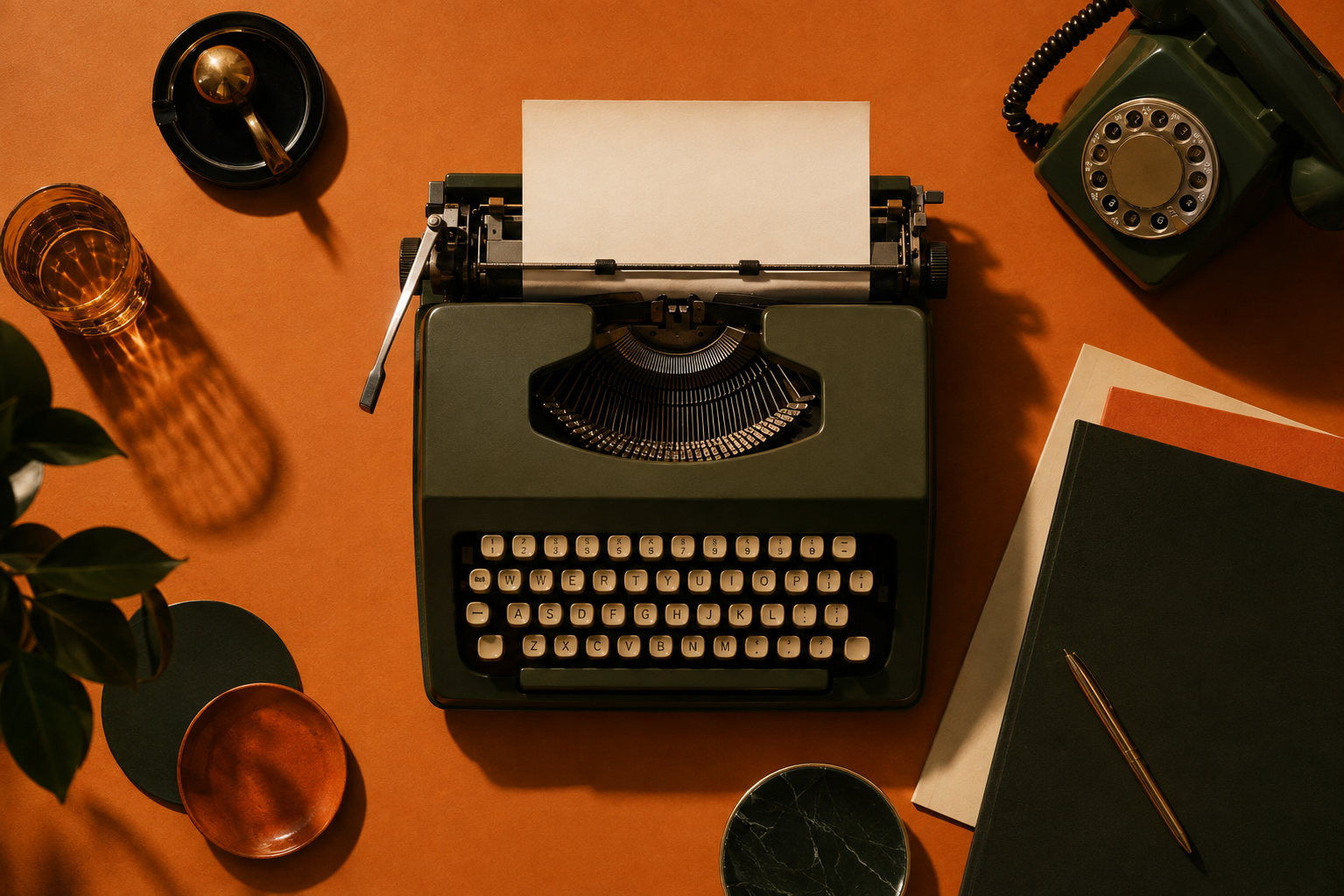 Vintage typewriter and creative tools on a burnt orange desk